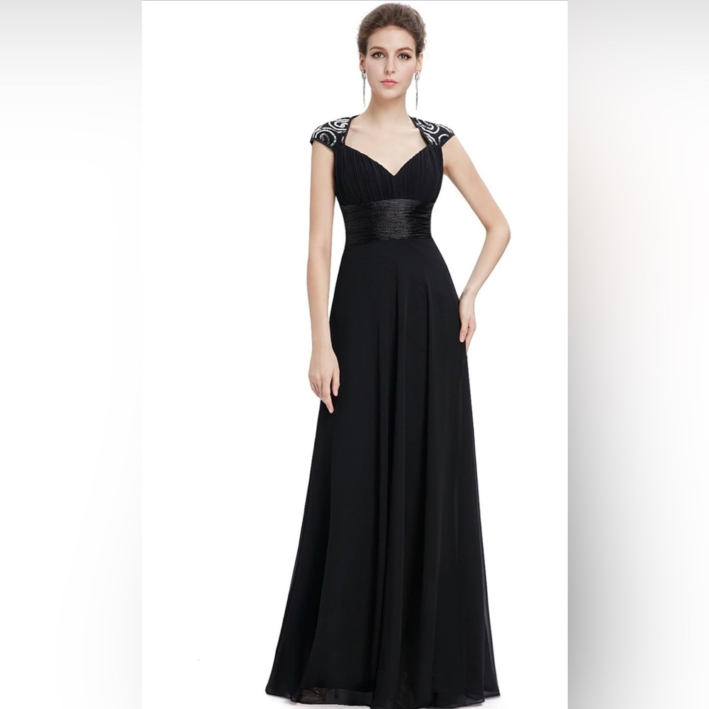Black formal gown with train and bustle